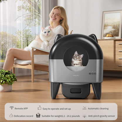 OMCPET Self Cleaning Cat Litter Box, Automatic Smart Litter Box for Multiple Cats with 10 Safety Sensor Radars, 110L Electric Cat Box with App-Control, Odor Control, Quiet Operation, Black
