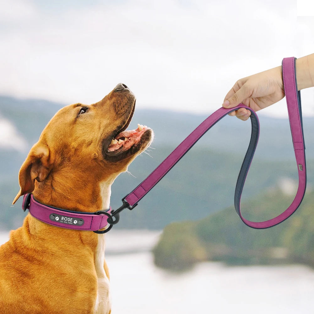 Leather Dog Collar Leash Custom Durable Leather Pet Collars and Leashes Walking Leads Strap Cusomized for Small Medium Large Dog