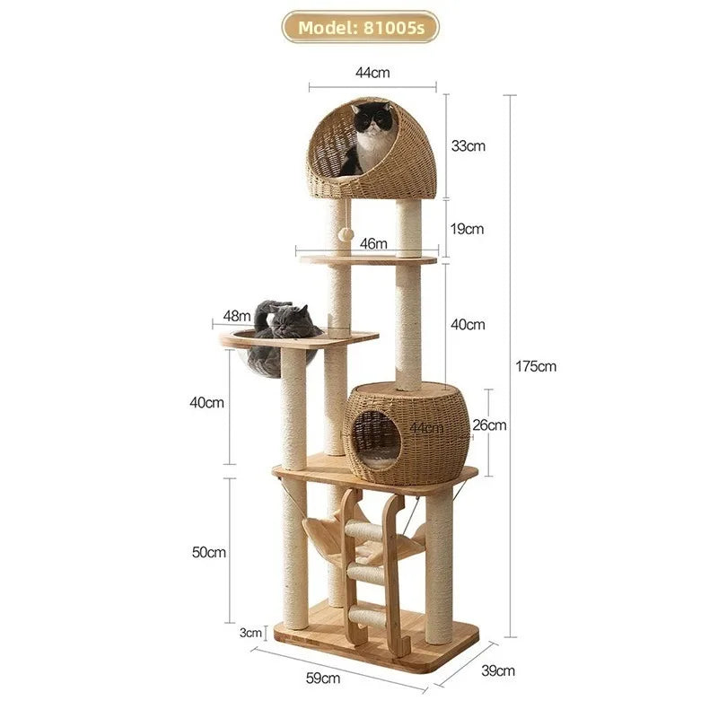 Solid Wood Cat Tree Large Pets Cat Sleeping Tree Transparent Cabin Kitten Tower Pet Toy Accessories Nap Scratching Post for Cats