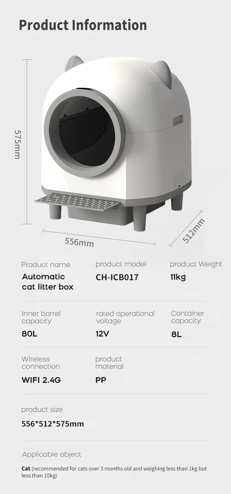 80L Self-Cleaning Cat Litter Box Quiet Automatic Operation Easy Clean For Large Cats Multi-Cat Homes
