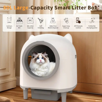 80L Self-Cleaning Cat Litter Box Quiet Automatic Operation Easy Clean For Large Cats Multi-Cat Homes