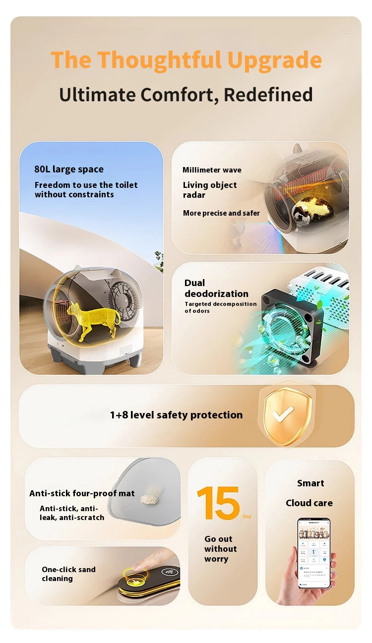 80L Self-Cleaning Cat Litter Box Quiet Automatic Operation Easy Clean For Large Cats Multi-Cat Homes