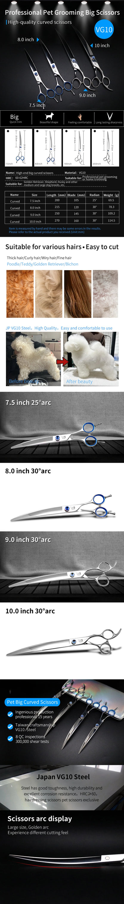 Crane Big Curved Pet Scissors 7.0/7.5/ 8/ 9/ 10 Inch For Dog Grooming Cutting High Quality Shears Large Dog Grooming VG10 Steel