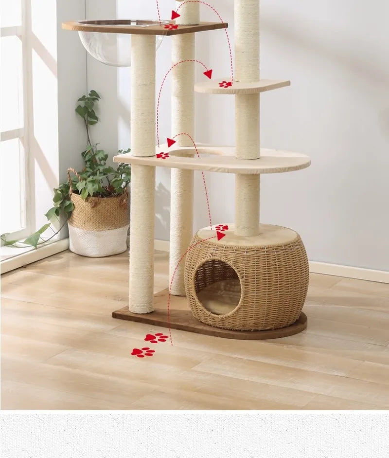 Solid Wood Cat Tree Large Pets Cat Sleeping Tree Transparent Cabin Kitten Tower Pet Toy Accessories Nap Scratching Post for Cats