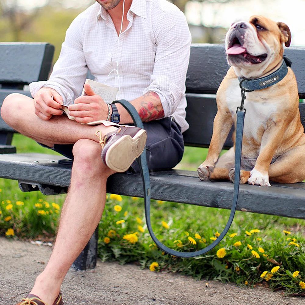Leather Dog Collar Leash Custom Durable Leather Pet Collars and Leashes Walking Leads Strap Cusomized for Small Medium Large Dog
