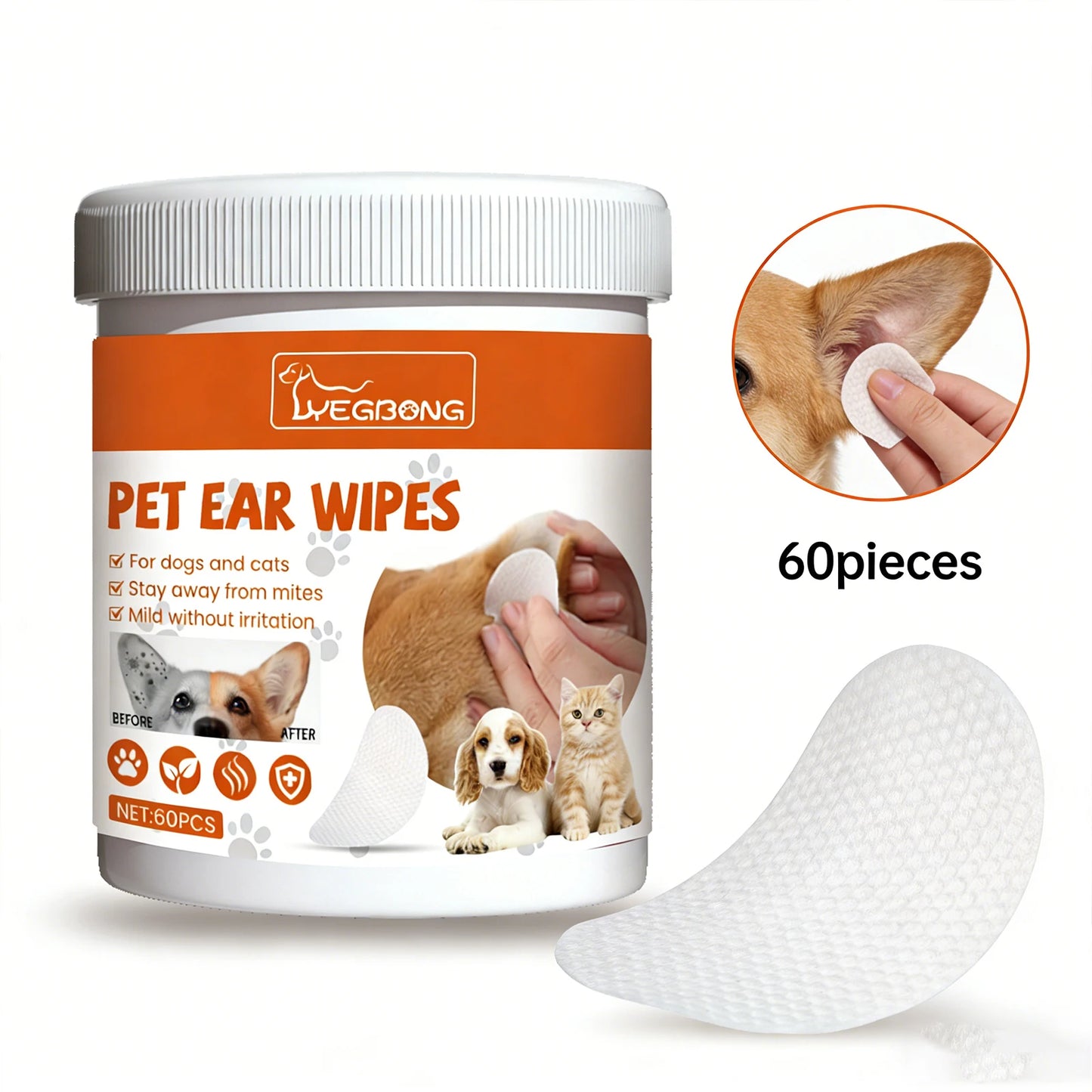  Pet Ear Wipes for Dogs Cats Cleaning Remove Ear Mites Wax Odor Aloe Vera Gentle Anti Itch Non Irritating Ear Care Grooming