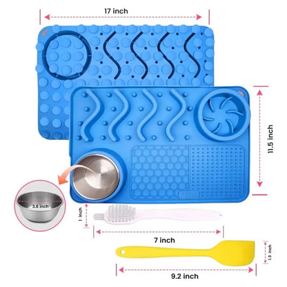 Slow Feeder Mat for Pets - Non-Toxic Silicone (Turquoise) Upgraded Anxiety and Boredom Relief Tool with Aluminum Bowl,17x11x2 in
