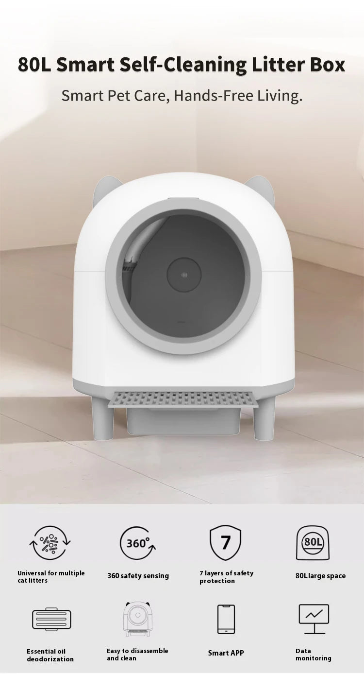 80L Self-Cleaning Cat Litter Box Quiet Automatic Operation Easy Clean For Large Cats Multi-Cat Homes